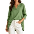 thumbnail image 2 of Qzwdhjm Womens 3/4 Sleeve Tops Stand V Neck Linen Top with Asymmetric Hem Side Pleated Loose Casual Shirts for Summer Going Out, 2 of 7