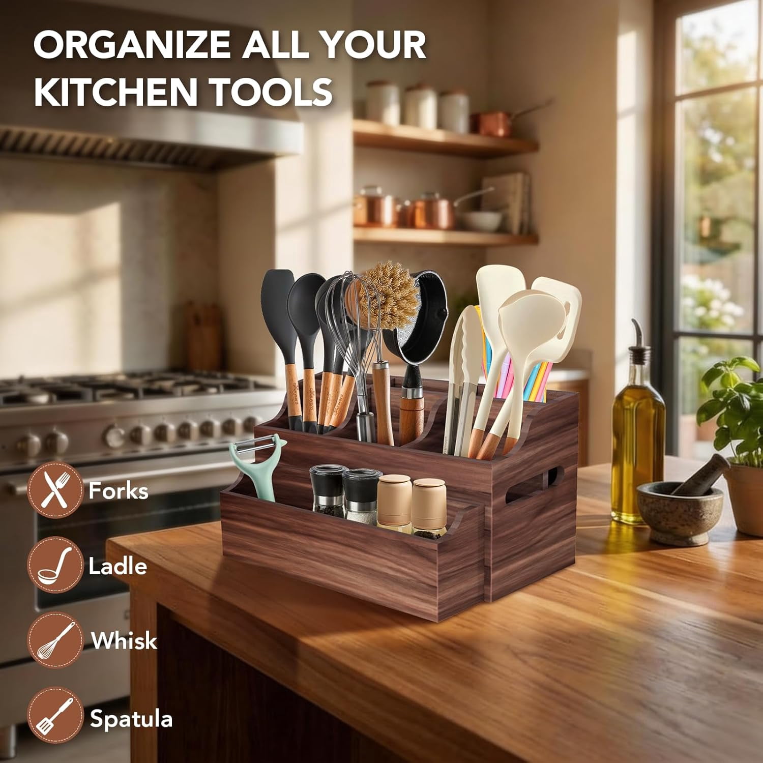 Kitchen Utensil Holder for Countertop, Large Wood Organizer for Utensil Crock with Spoon Rest, Farmhouse Cooking Utensil Holder with 7 Compartments, Wall Mount Rustic Wooden Storage for Cooking Tools