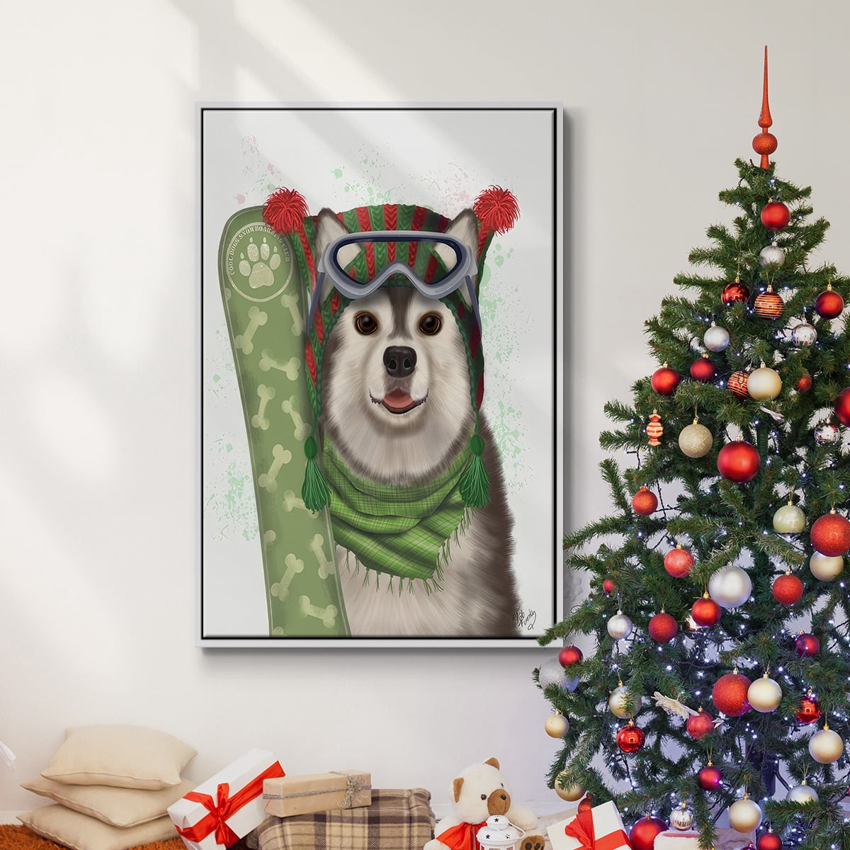 Christmas Husky Snowboard - Framed Gallery Wrapped Holiday Canvas - 27 x 41 - White Frame