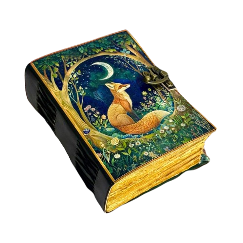 Handmade Leather Journal with Fox & Moon Artwork – 5x7 Inch Vintage Notebook with 200 Deckle Paper Pages, Antique Clasp, Woodland Writing Diary