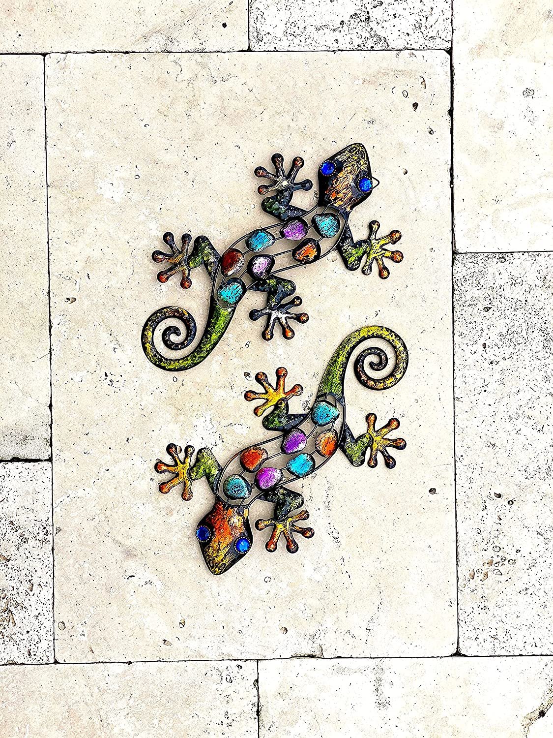 S/2 Lizard Gecko Decor Colorful Metal Home Garden Fence Yard Wall Art Sculptures Indoor Outdoor 12"