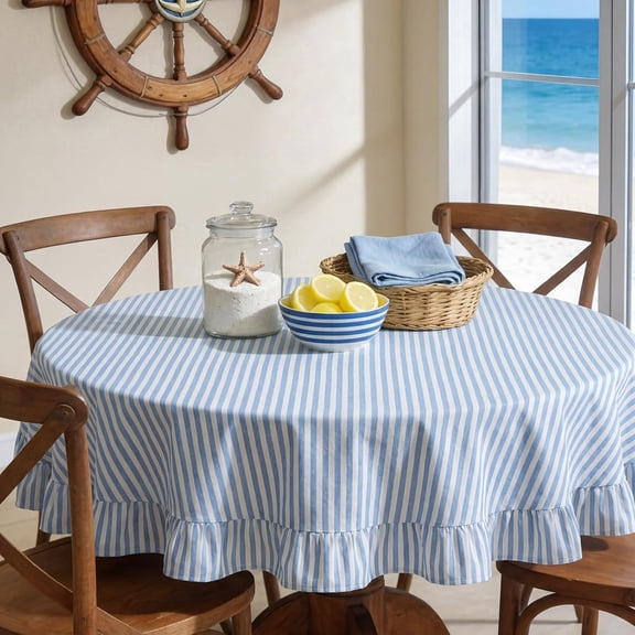 MORAVE 60 Inch Round Cotton Linen Tablecloth, Ruffle Scalloped Striped Table Cover for Kitchen Restaurant Wedding Party