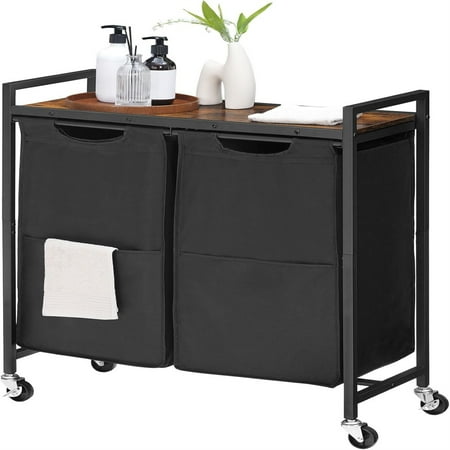 Laundry Hamper, Laundry Sorter 2 Section, 2 × 13 Gal (49.5L), Laundry Basket with Wheels, Rolling Cart, Pull-Out and Removable Oxford Fabric Bags, Rustic Brown and Black