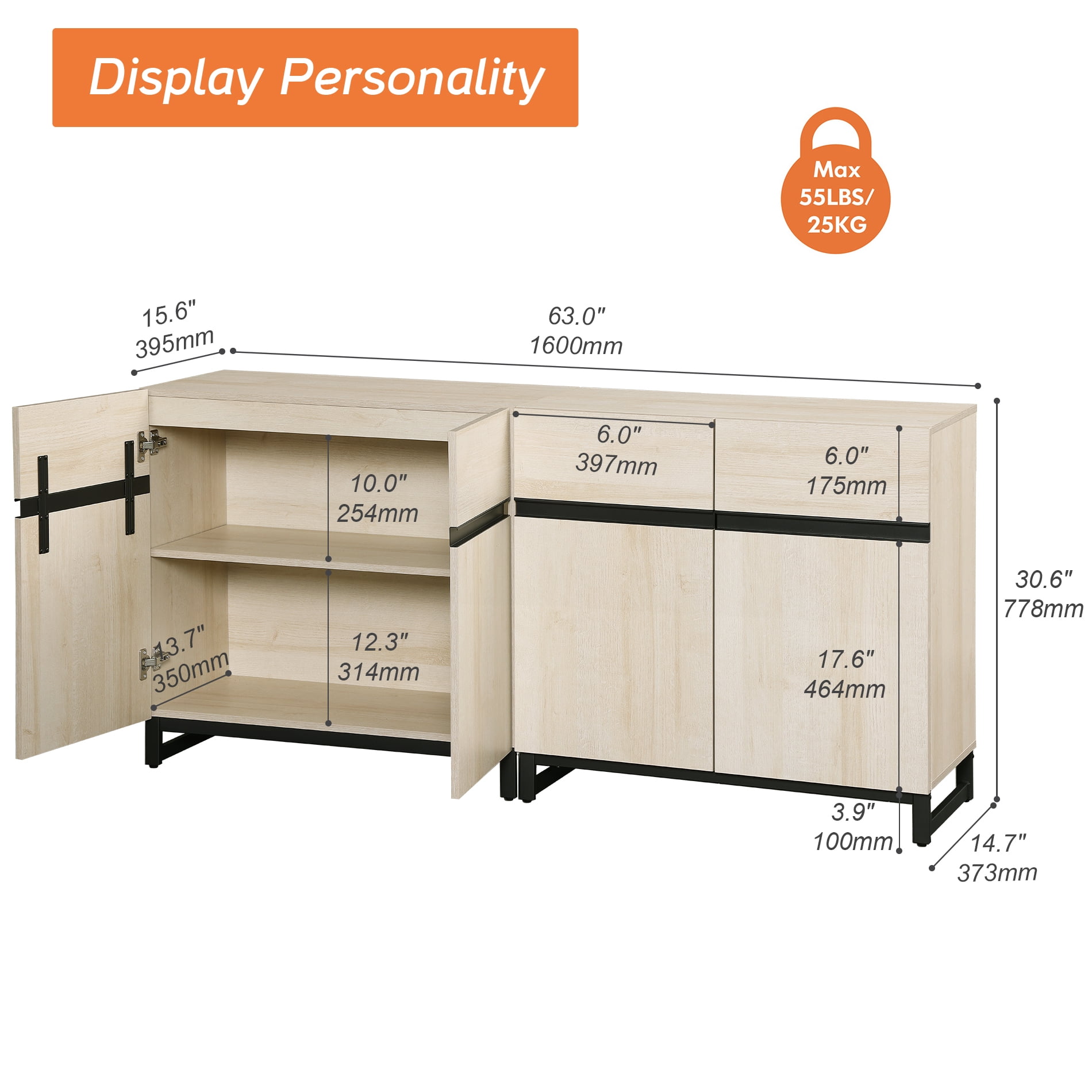 63"Modern 2-in-1 Multifunctional Sideboard Buffet with Adjustable Shelf & Metal Base, Wood Grain,Beige