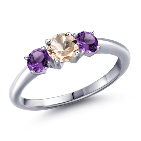 Gem Stone King 925 Sterling Silver Peach Morganite and Purple Amethyst Engagement Ring for Women | 0.90 Cttw | Round 5MM | Gemstone October Birthstone | Size 7