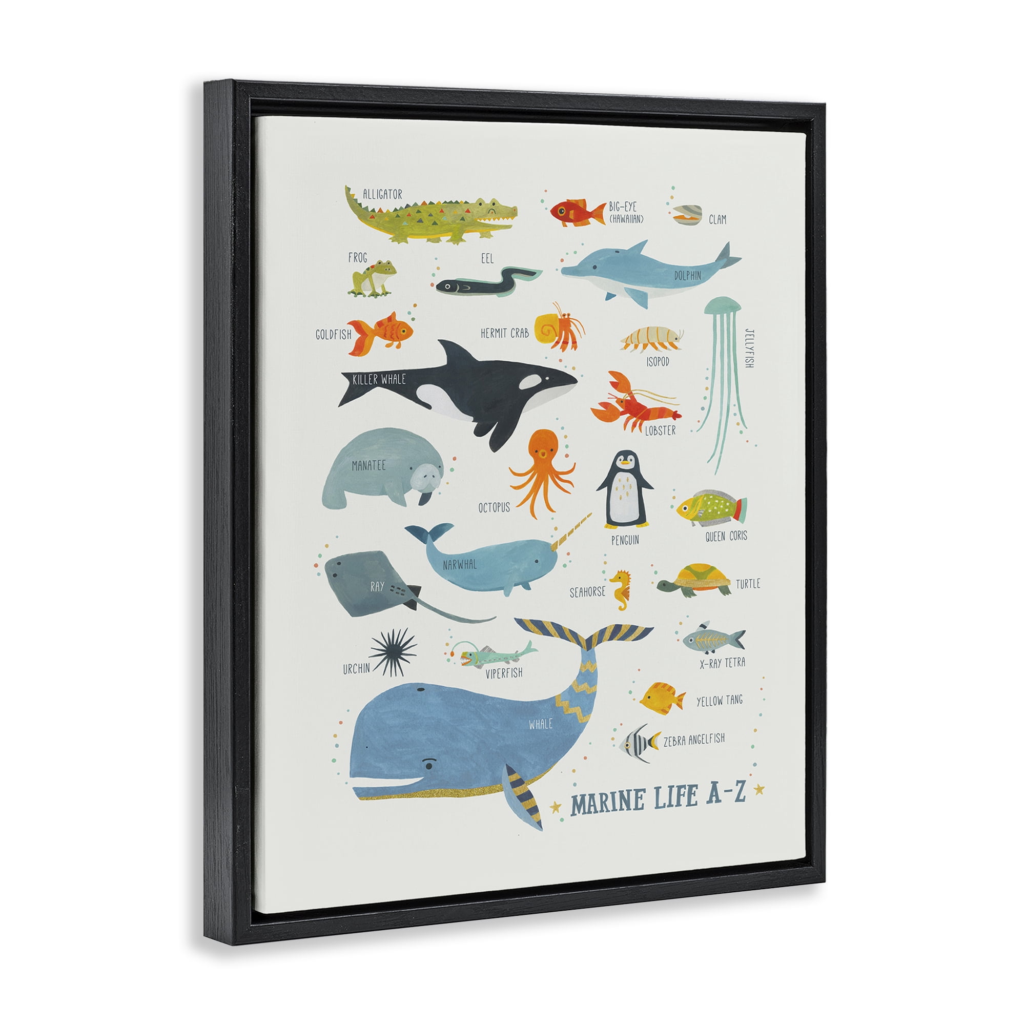 Stupell Industries Marine Life ABC Alphabet Education Painting Black Floater Framed Canvas Art Print Wall Art, 17 x 21