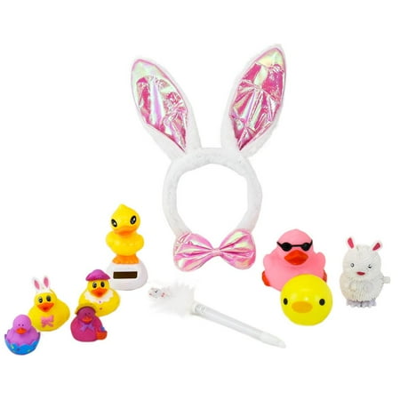 Bunnies Dancing “Easter Bag full o’ Goodys” Gift Set Includes Bunny Ear and Bowtie Set, Light Up Duck, Light Up Bunny Pen, Solar Powered Dancing Duck, Squeeze Ball, Bunny/Chick Wind Up Toy with 4 Easter Rubber Ducks ()