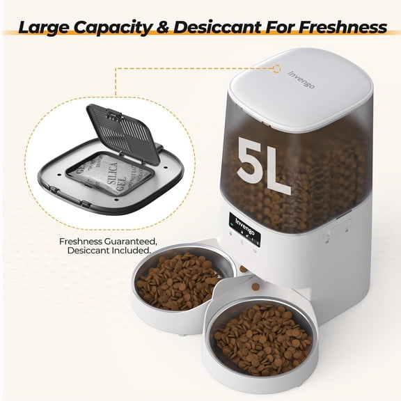 Automatic Cat Feeder with App Control, 5L Food Dispenser for 2 Cats, WiFi Enabled Dual Power Programmable Portions Anti-Jam Fresh-Lock Stainless Steel Bowls Easy to Clean