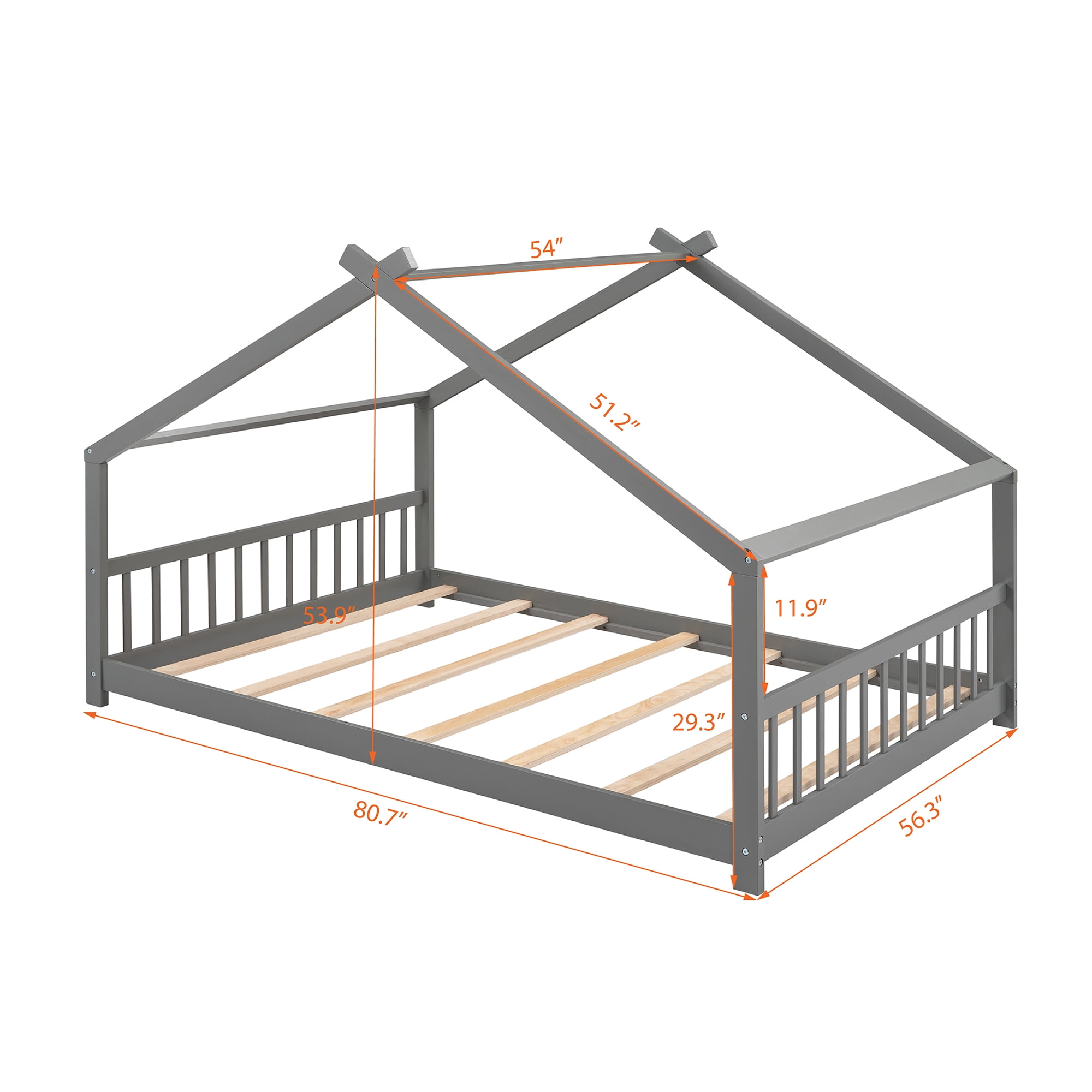 Bellemave Full Size House Bed,Wood Platform Bed with Headboard and Footboard, House Floor Bed with Roof and Slat  (Gray,Full)