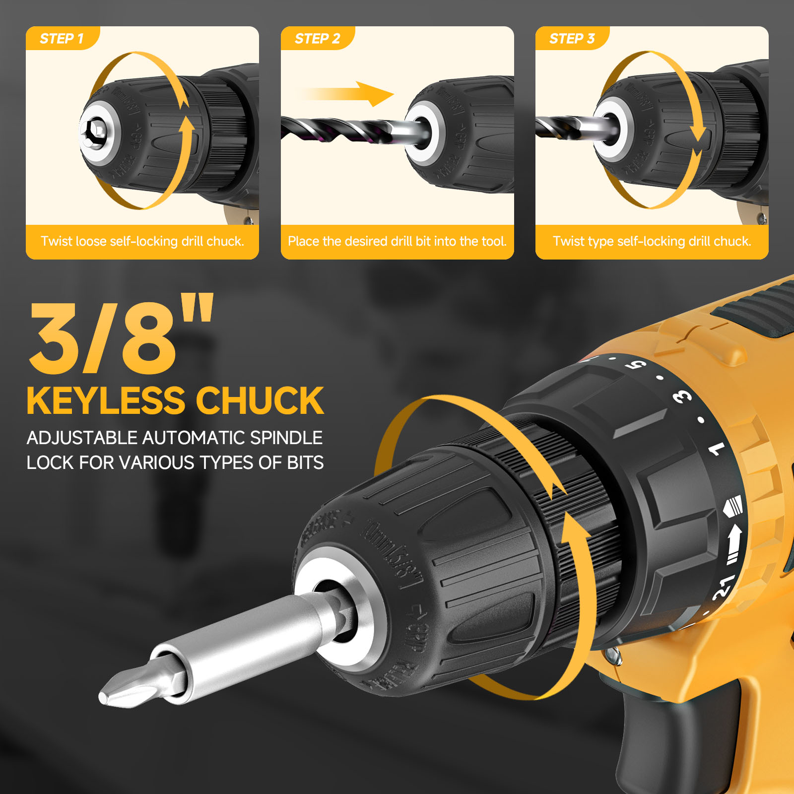 Fadakwalt 12V Cordless Drill Driver with Bits, Yellow photo 2