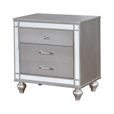 Benzara Three Drawer Solid Wood Nightstand with Mirror Accent Trim Front, Silver