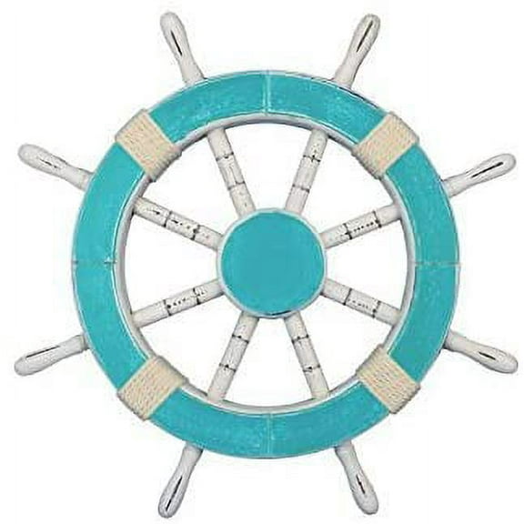 Wooden Ship Wheel - (Tiffany Blue) - Yellow Rope Motif - (18 Inches)
