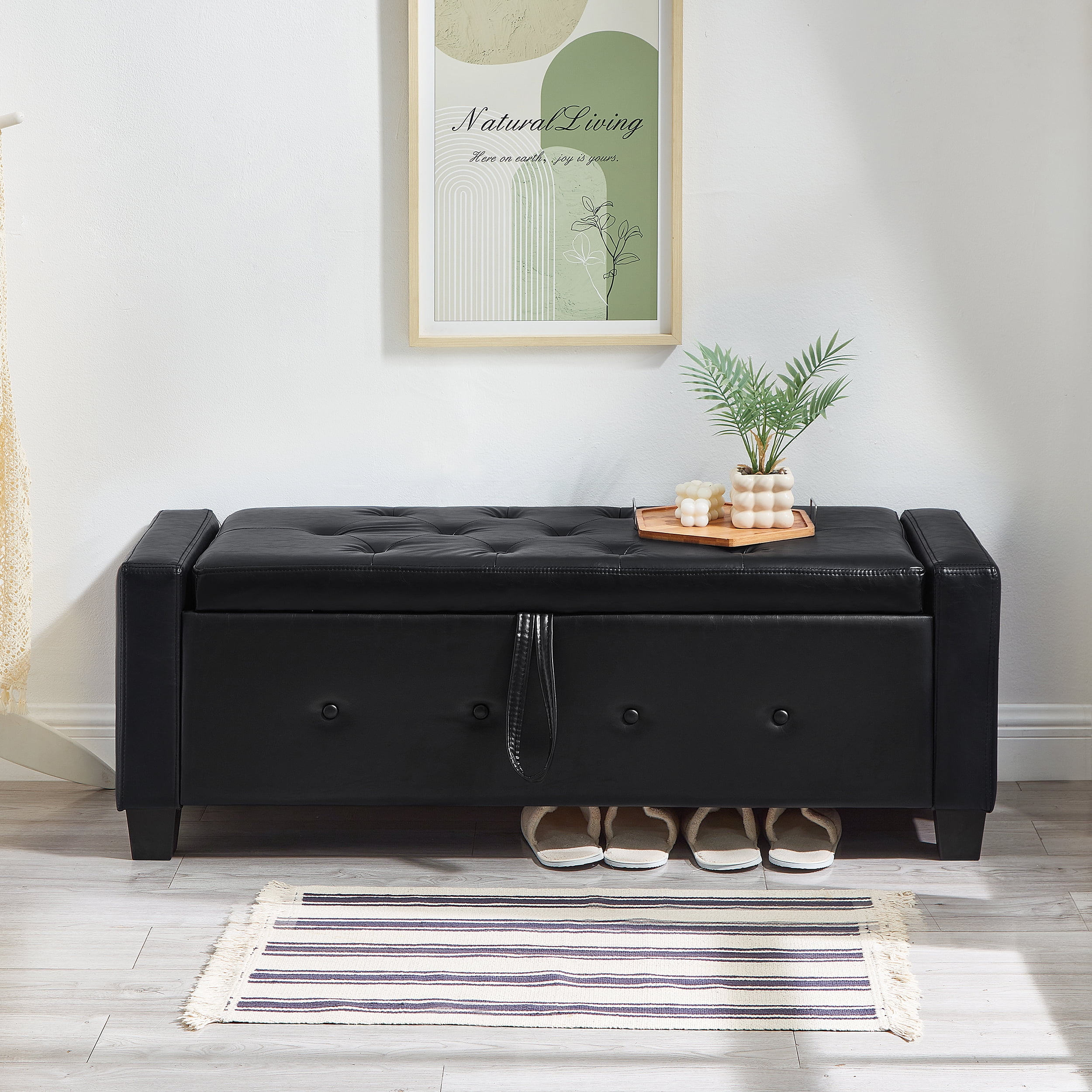 Faux Leather (PU) Storage Ottoman Bench, Features Tufted Upholstery and a Lift-Top for Spacious Hidden Storage, Multi-Purpose Bench for Any Room, Black (48"L x 18.1"W)