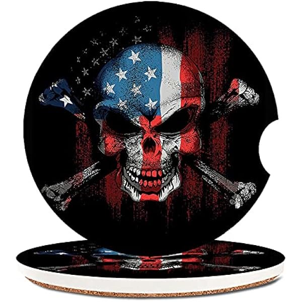 wonima44 Removable Ceramic Cup Holders Car Coasters for Women/Men,Cool Absorbent Drink Cup Car Holder Coasters Auto Accessories with A Finger Notch 2.56" Pack of 2,American Flag Skull
