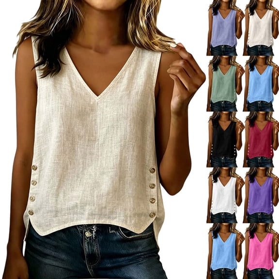 Xaqiouau Womens V Neck Linen Blend Sleeveless Tank Top Side Button Breathable Casual Summer Blouse