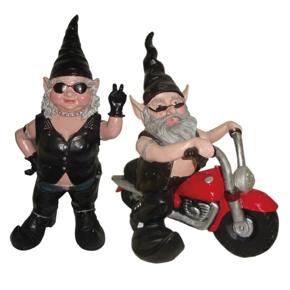 Homestyles Peace Sign "Biker Babe & Dude" the Biker Gnome Riding His Red Hog in Leather Motorcycle Gear Large Outdoor Garden Statue 14.5"H and 12"H
