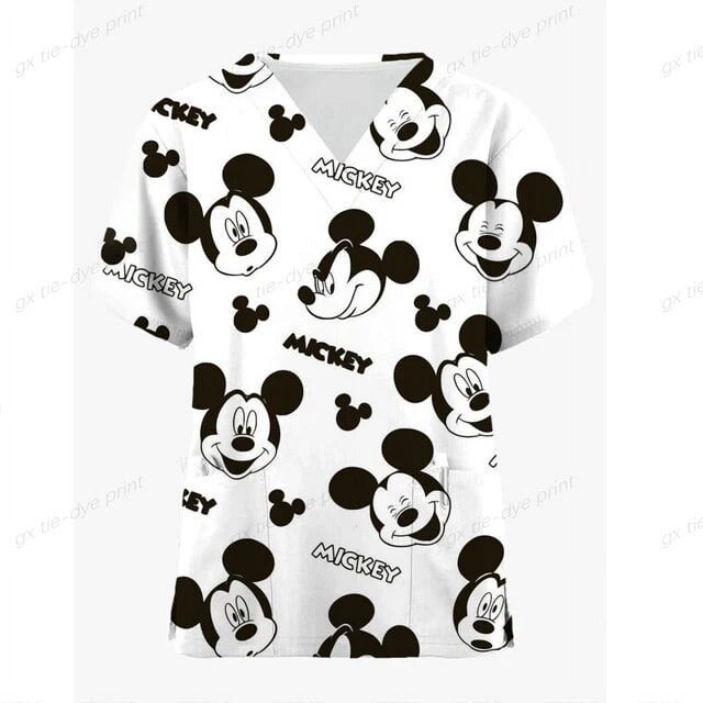 LS LS Disney Mickey Mouse Print Nurse Medical Uniforms V-neck Short Sleeve Pocket Workwear Top Scrubs Medical Accessories Uniform