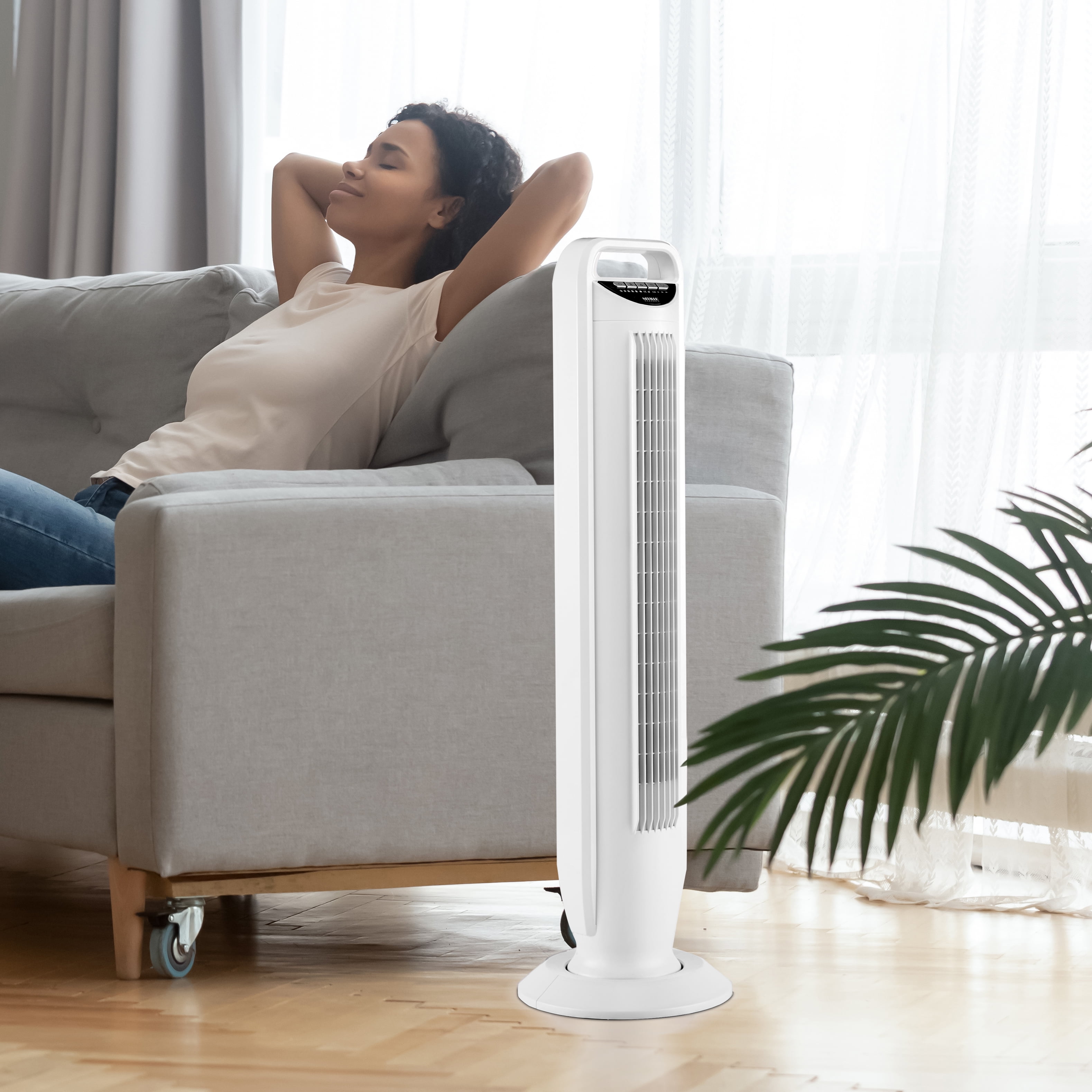 Seville Classics UltraSlimLine New Five-Speed Lightweight Oscillating Tower Fan with Remote, White