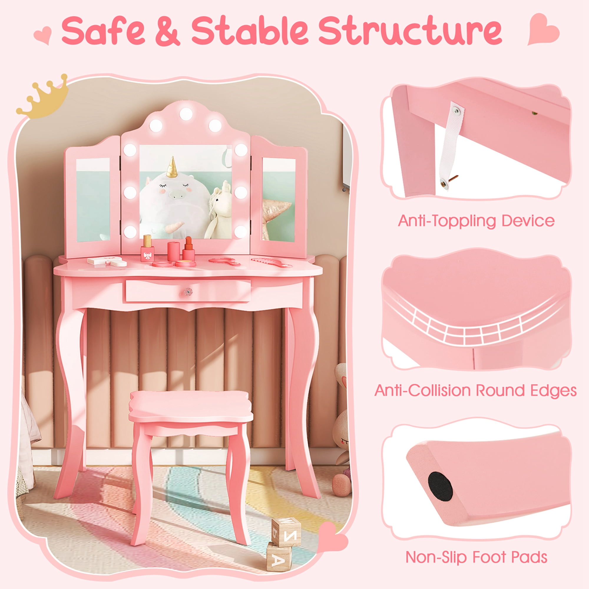 Costway Kid Vanity Table Stool Set Tri-Folding Mirror Adjustable 3-Color LED Lights Pink