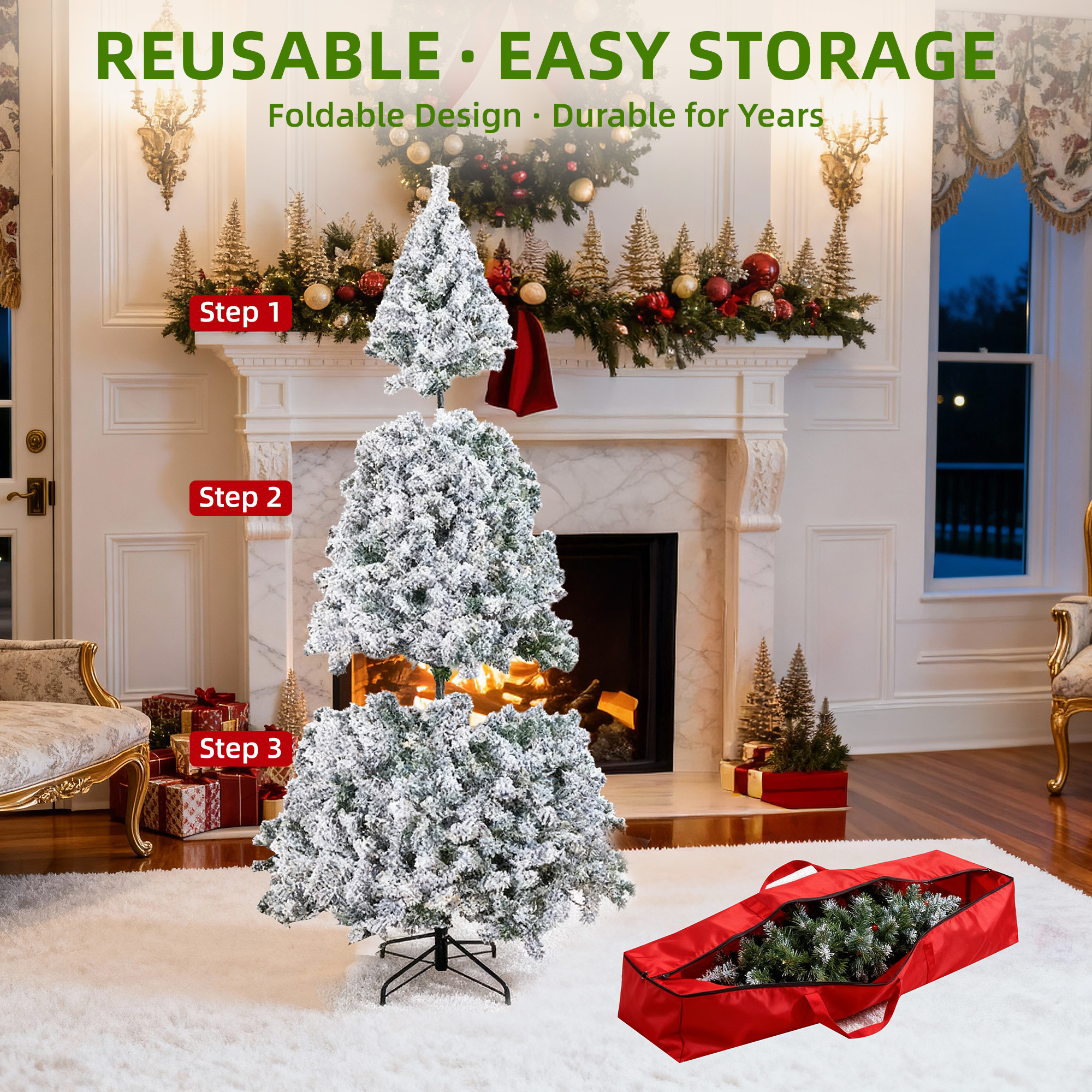 Furnibear 6ft Pre-Lit Flocked Christmas Tree, 1000 Tips with 250 Color Changing Lights & Auto Fluff