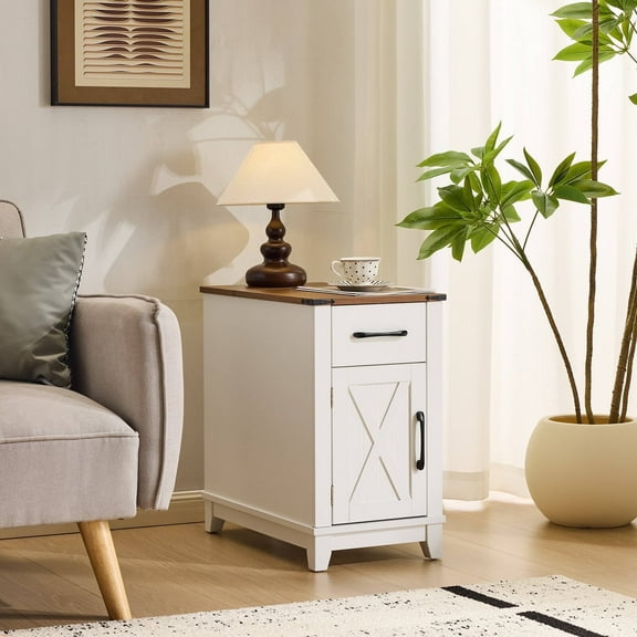 Erinnyees White Farmhouse End Table, Side Table with USB Charging Station - Narrow Nightstand with Drawer, Adjustable Shelf & Storage Cabinet for Living Room, Bedroom