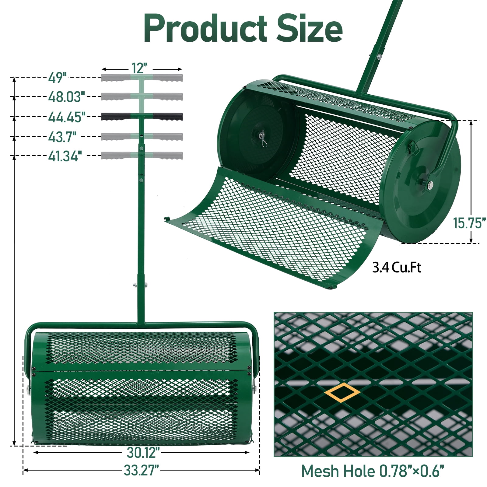 Ktaxon 30" Compost Spreader with Adjustable Handle, Green Steel Mesh Basket for Peat Moss & Manure