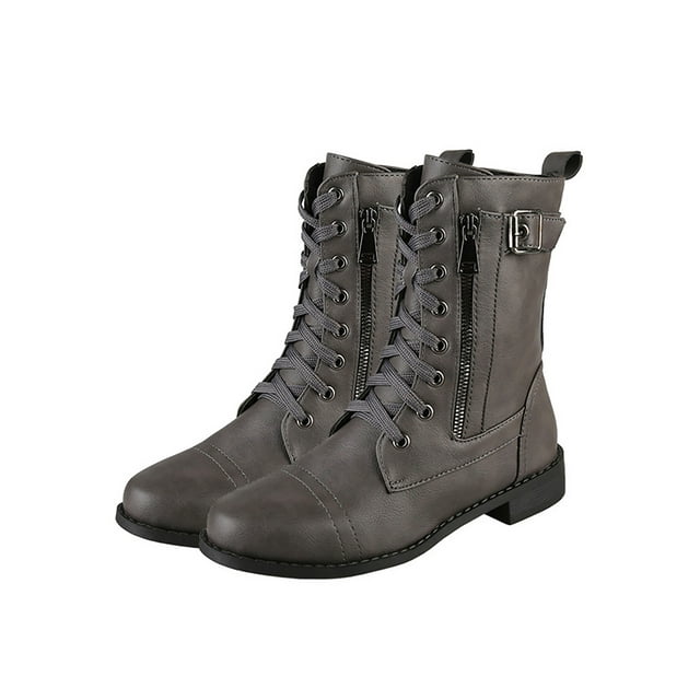 UKAP Ladies Winter Boot Lace Up Shoes Flat Mid-Calf Boots Outdoor Buckle Strap Grey 8