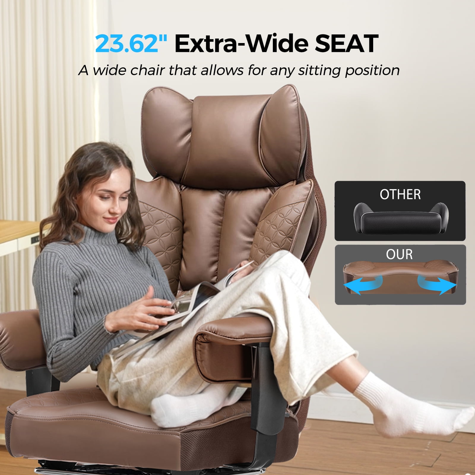 COMHOMA Big and Tall Office Chair 400LBS Wide Ergonomic Gaming Chair with Deluxe Embossing Leather with Foot Rest 150°Reclining Adjustable Armrests Pocket Spring Back Support and Without Pillow