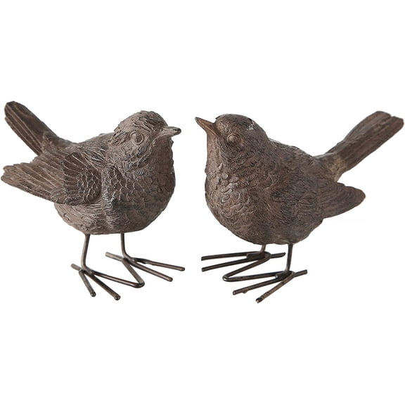 Baby Sparrows, Set of 2, Bird Figurines, Vintage Style, Rustic Brown, Detailed Feathers, Table Top Accent Sculpture, Hand Cast Poly Resin, 4 L x 2 1/2 Tall