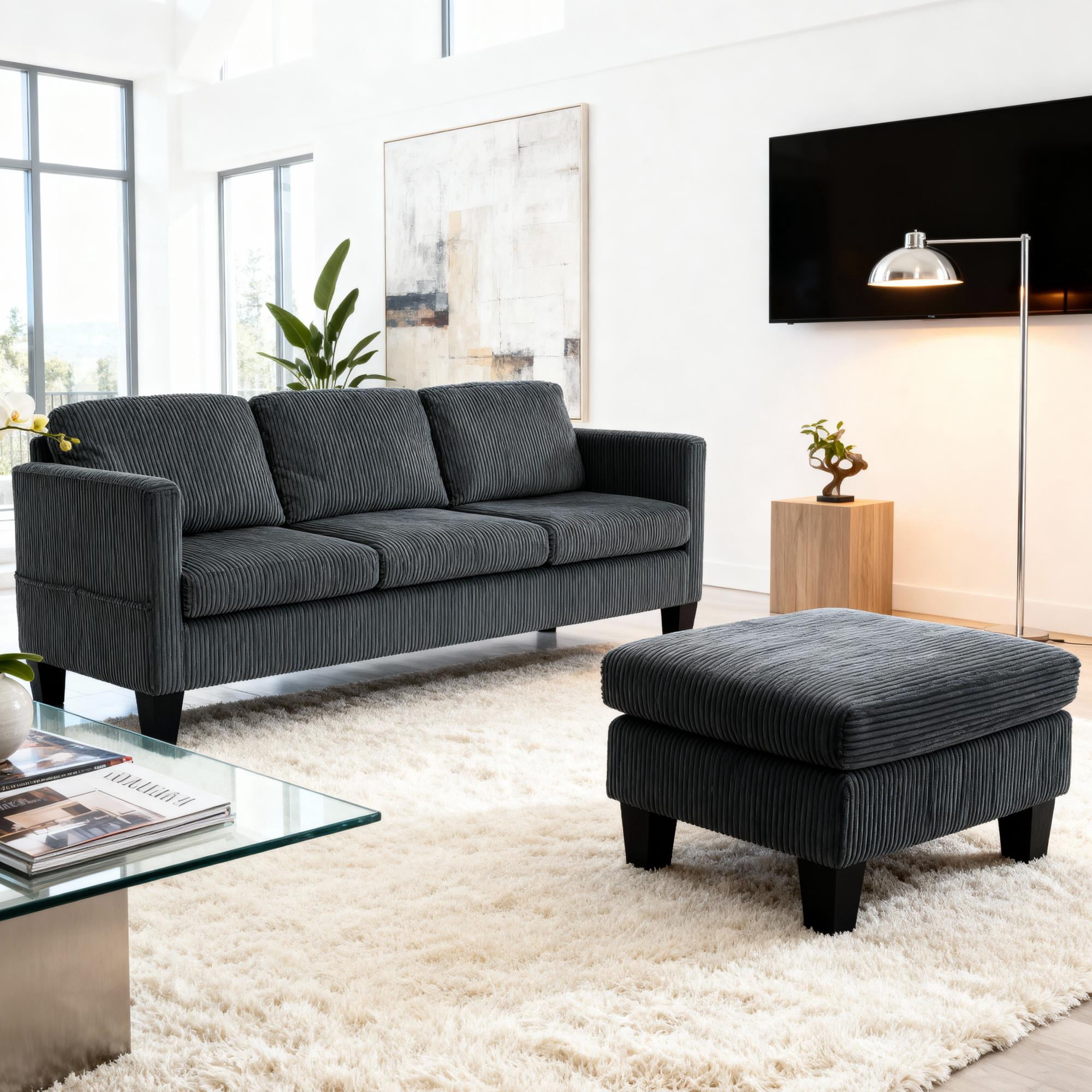 Gewnee L-Shaped Sofa,Modern Three-Seaters Upholstered Sofa,Sectional Sofa with Storage Ottoman and Side Pockets,Suitable for Apartments and Living Rooms.Dark Grey