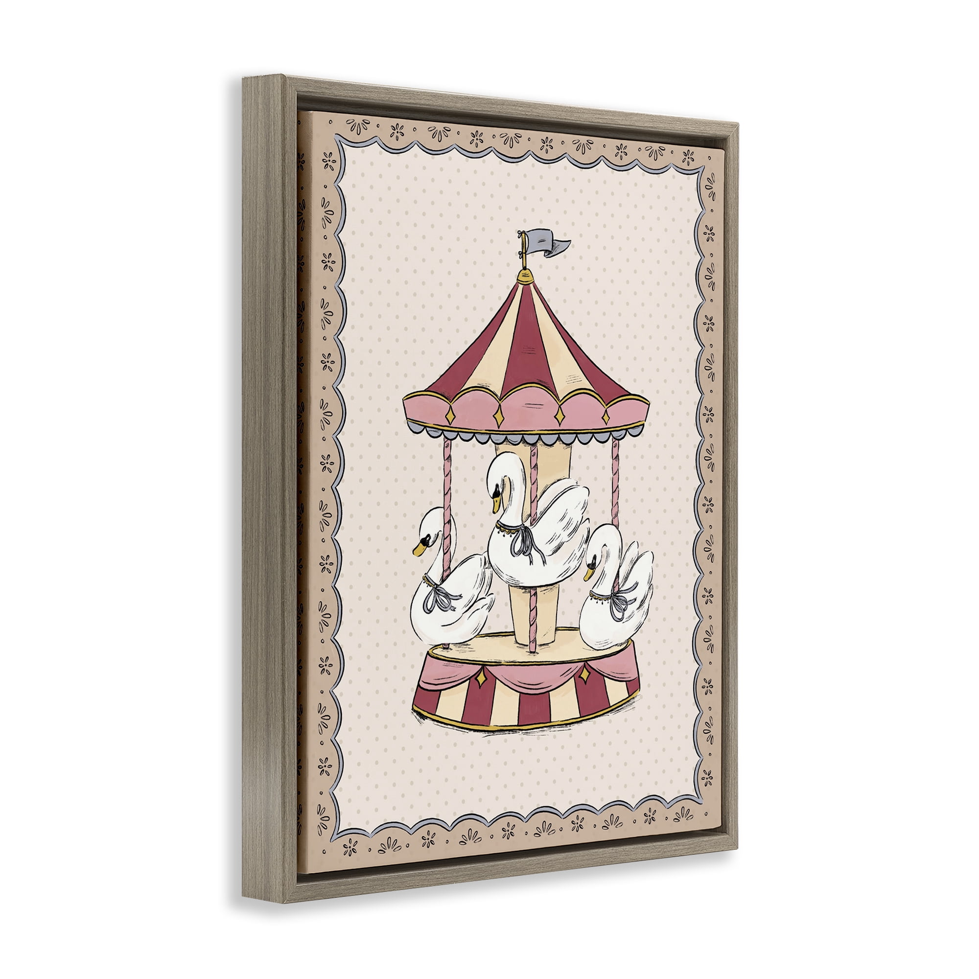 Stupell Industries Vintage Swan Carousel Animals Painting Brown Floater Framed Canvas Art Print Wall Art, 25 x 31