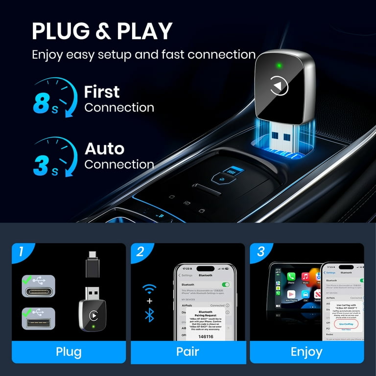 Wireless Carplay Adapter, 2 in 1 Apple CarPlay and Android Auto Adapter Convert Wired to Wireless Dongle for Apple Android,Plug and Play for iOS 10+ & Android 10+, Black