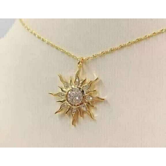 Hitanshu Jewels 2Ct Round Cut CZ Sun Pendant Necklace 14k Yellow Gold Plated