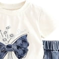 thumbnail image 5 of Girls Cotton 2 Piece Outfits Summer Cute Short Sleeve Rhinestone Bow Printed T-Shirt and Elastic Waist Denim Shorts Set White 0-1Years, 5 of 9