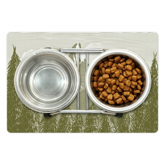 Nature Pet Mat for Food and Water, Woodcut Style Landscape Image with Trees and Mountain at the Background, Non-Slip Rubber Mat for Dogs and Cats, 18" X 12", by Ambesonne