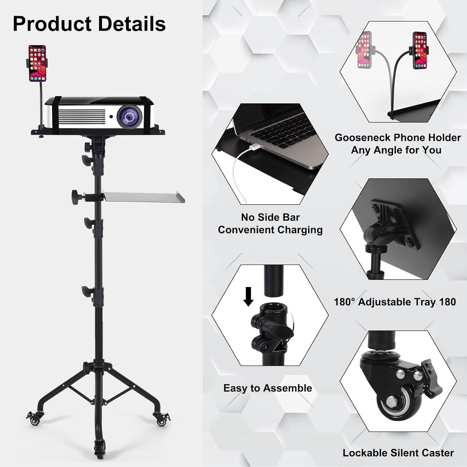Laptop Tripod Stand with Wheels and Shelves, Adjustable Projector Floor Mount 25.9-51.8 Inch for Home Office