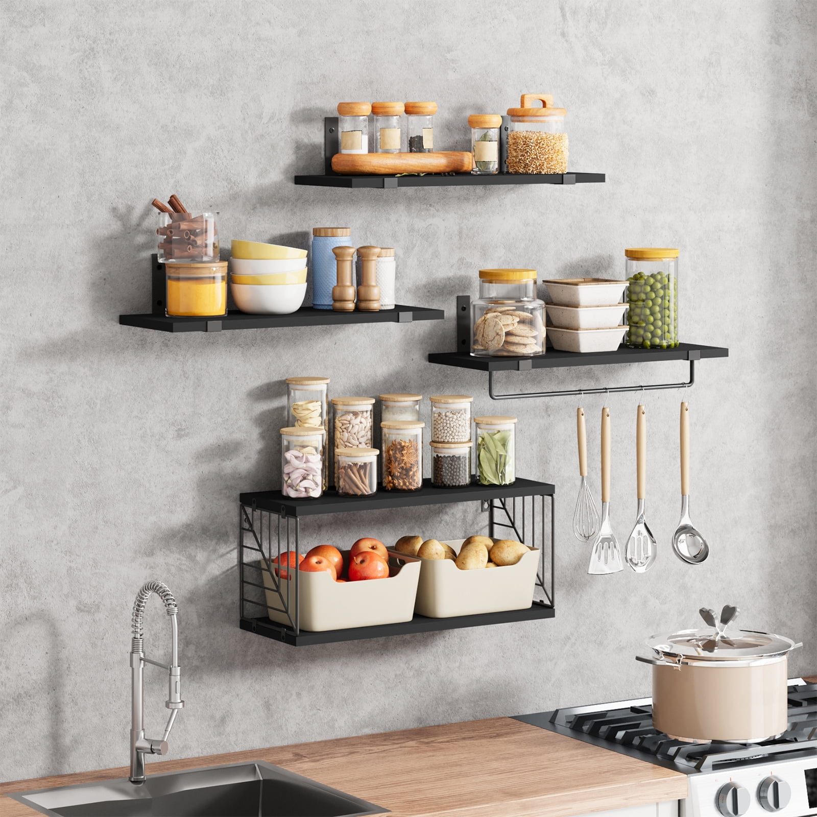 Fairy 4+1 Tier Bathroom Floating Shelves Over Toilet, 15.8in Wall Shelves for Bathroom, Living Room, Bedroom and Kitchen (Black)