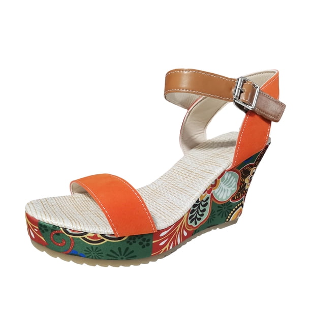 Bmisegm Ladies Summer Retro Ethnic Style Printing High Heel Thick Bottom Buckle Large Size Slope Heel Sandals Sandals Women Summer Red 6.5
