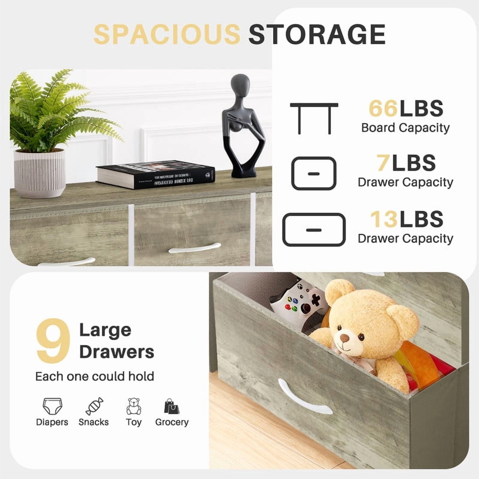 Bigleap 9 Drawers Dresser for Bedroom, Fabric Dresser with Sturdy Steel Frame, Wooden Top & Easy Pull Fabric Bins,Oak