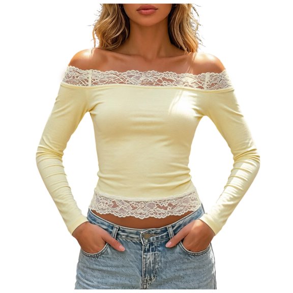 OJSFQUFP Women Off Shoulder Double Lined Long Sleeve Lace Shirts Basic Going Out Tops for Vacation Party Wedding Dating
