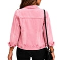 thumbnail image 3 of Womens 3/4 Sleeve Denim Shirt Button Down Lapel Collar Jean Vintage Washed Shirts Slim Top with Chest Pocket Pink XXL, 3 of 5