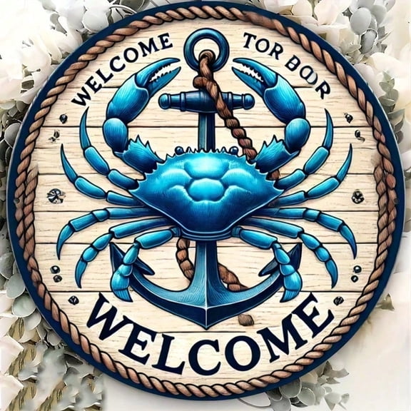 HELLOYOUNG Anchor Crab Wall Art Vintage Iron Welcome Sign 8x8 Inch, Coastal Farmhouse Decor for Porch Patio Garden, Outdoor Metal Wall Decor