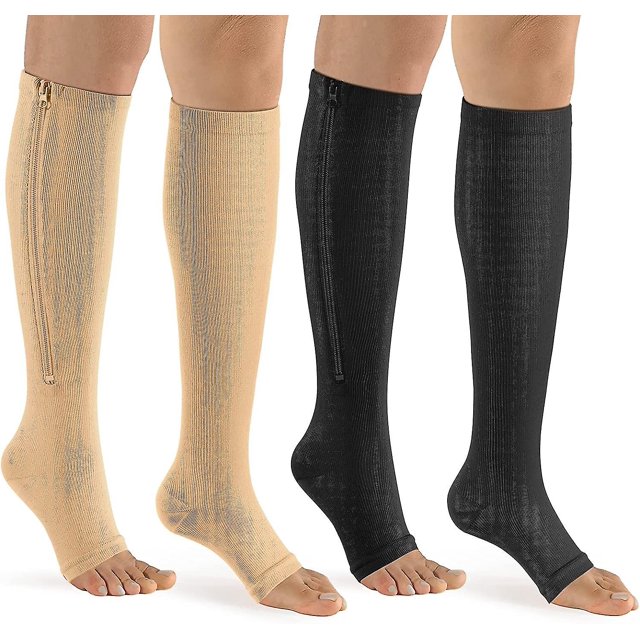 Wabjtam Zipper Compression Socks-2pairs Calf Knee High Open Toe Compression Stocking (black/nude, Large-x-large)