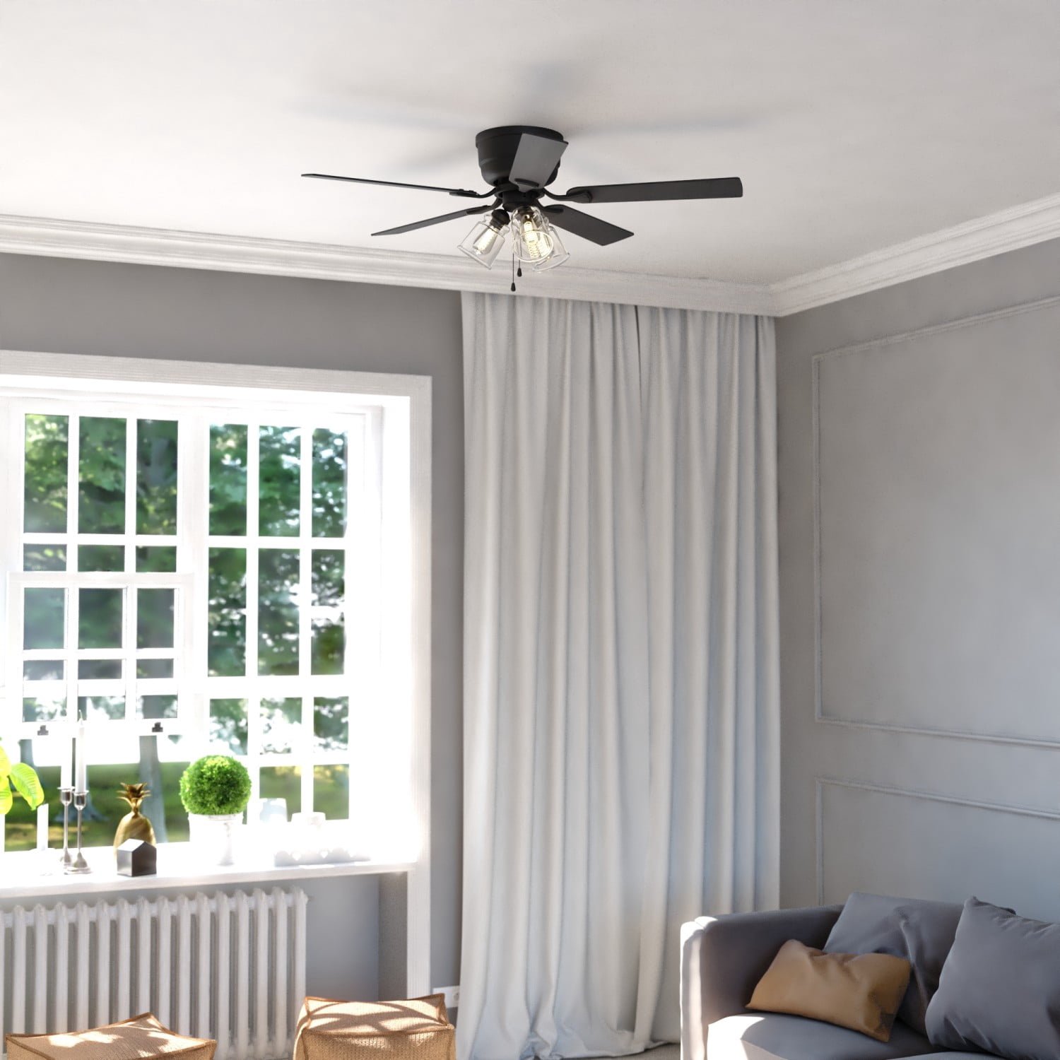 Cromwell 52-in Matte Black Flush Mount Hugger Ceiling Fan with Light Kit, Remote plus Quick Install