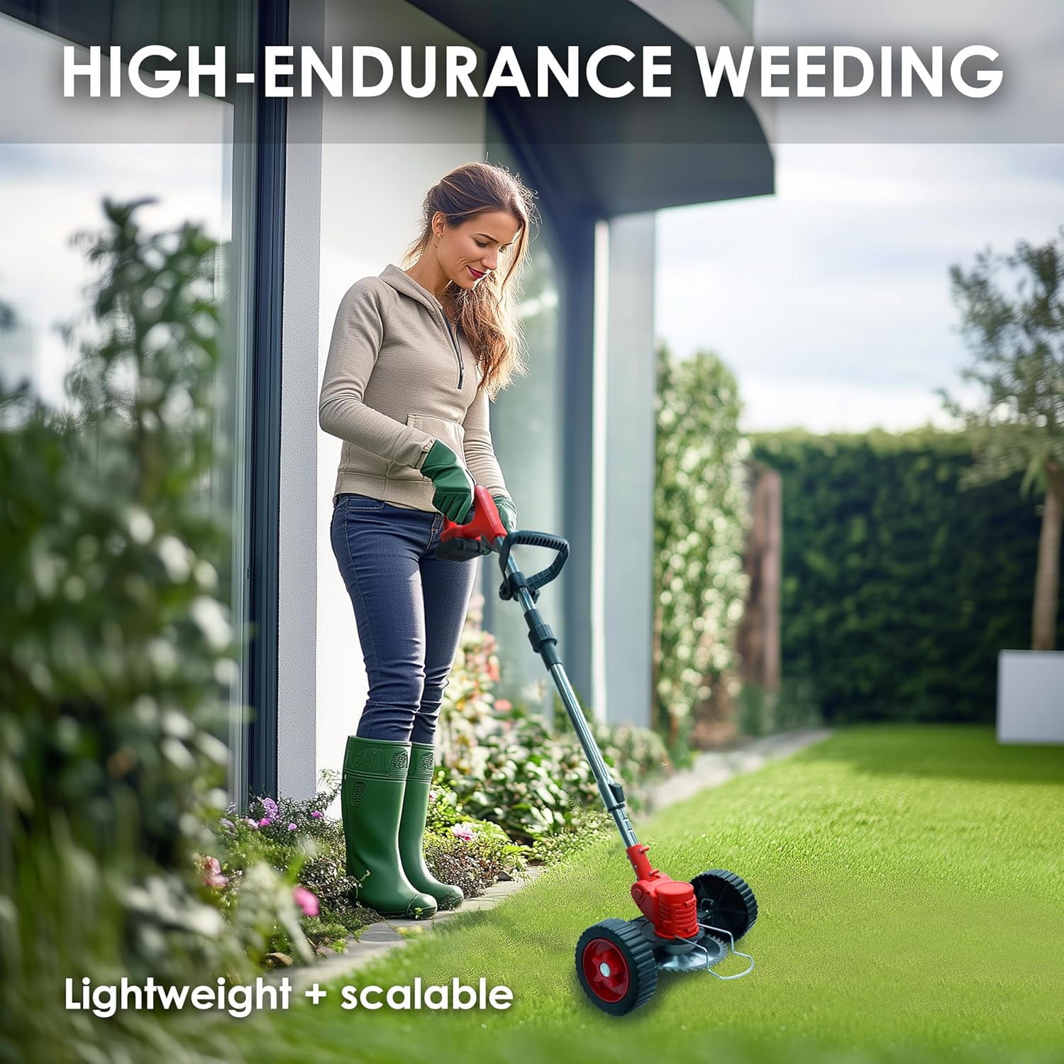Electric Weed Wacker with Wheels, Battery Powered String Trimmer, 4 Blades & Metal Lid for Lawn Care
