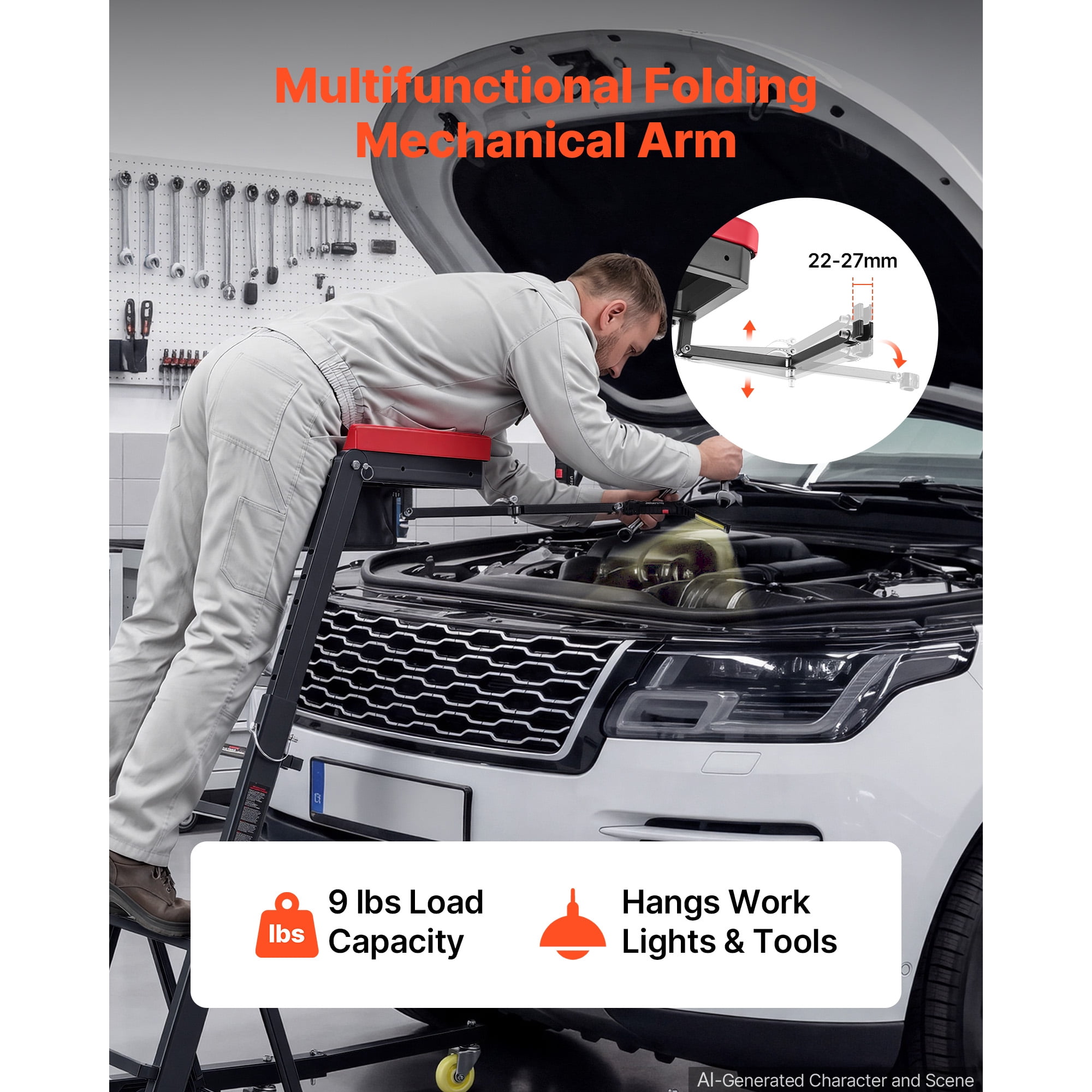 KFFKFF Adjustable Automotive Creeper 48"-76" with Folding Arm, Foldable High-Top Engine Creeper, 400LBS Capacity, Durable H-Shaped Base, 6-Wheel Smooth Mobility for Vehicle Maintenance