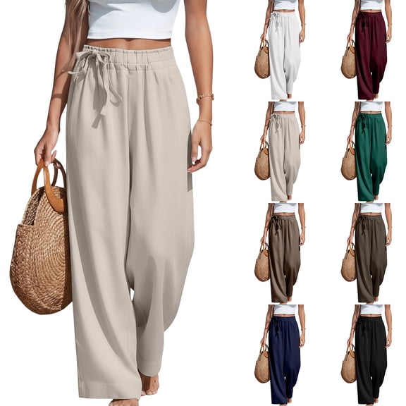 WULMLEO Women Wide Leg Linen Palazzo Pants Casual Elastic Waist Drawstring Flowy Loose Beach Travel Trousers with Pockets Complexion M