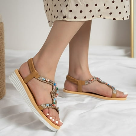 

Aayomet Women s Heeled Sandals Summer Fashion Bohemian Style Retro Rhinestone Soft Bottom Sandals Chic Outdoor Ethnic Style Brown 6.5