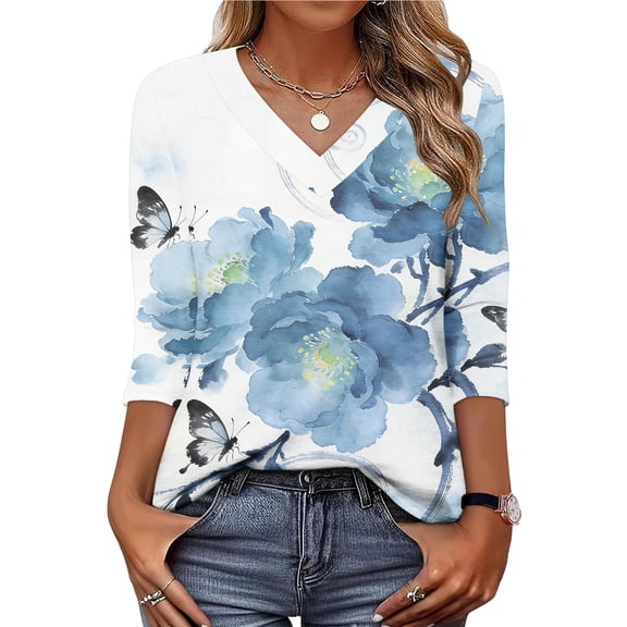 Jsaierl 3/4 Sleeve Tops for Women Plus Size V Neck Shirts Dressy Graphic Petite Blouses Soft Cotton Tunic Top S-3XL