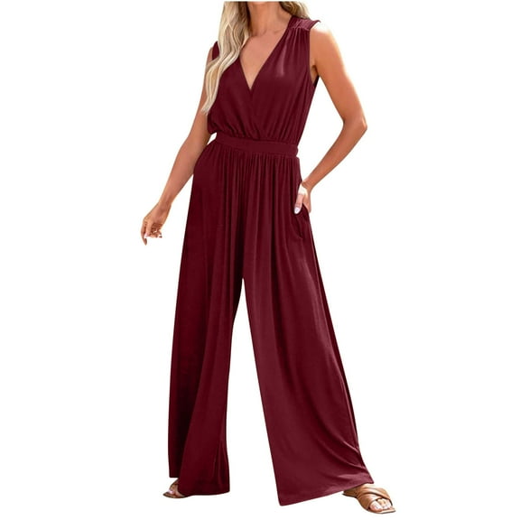 GSPCLAM Womens Solid Color Overalls Wide Leg V Neck Jumpsuits with Pockets for Work Fall Comfy Pants Wine XXL